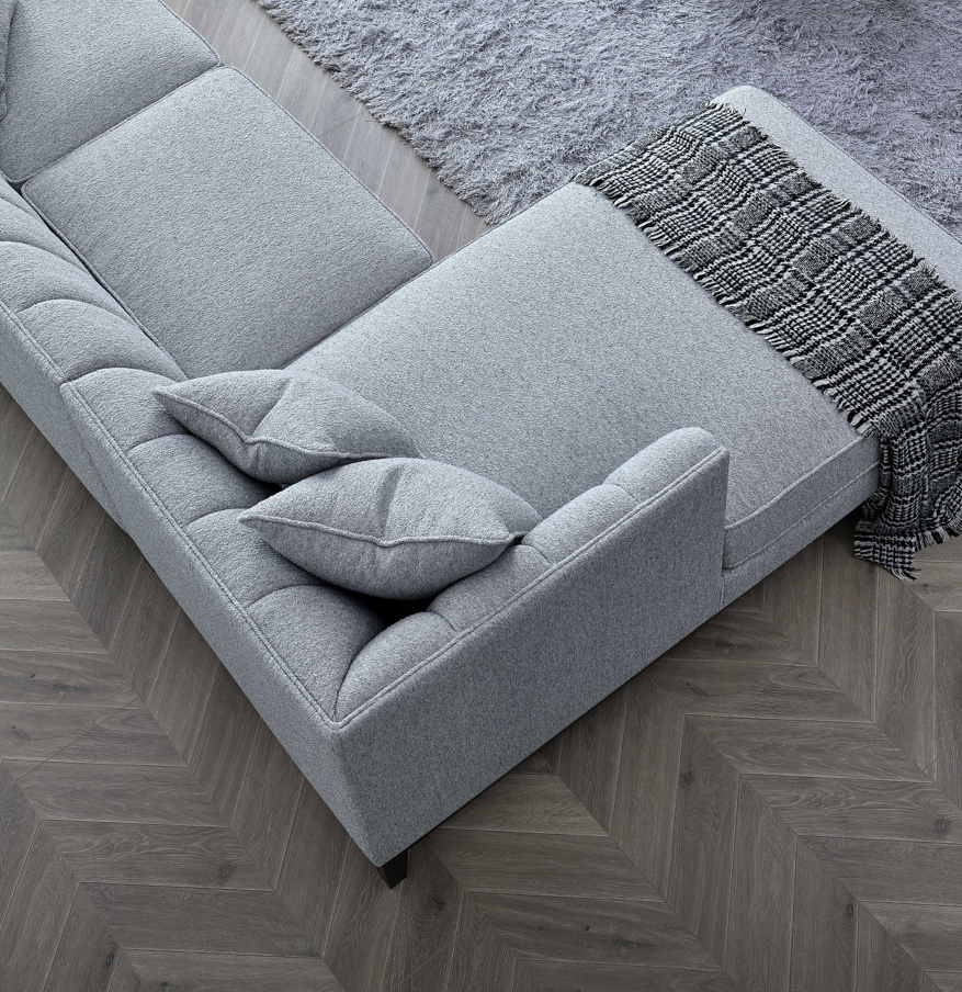 Aluxo Cooper Grey Leather Corner Sofa Dolphin Boucle