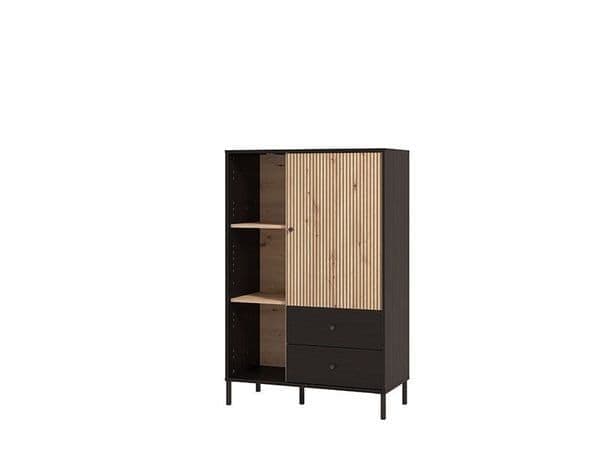 Riverton Slatted Artisan Oak Effect Black Low Display Bar Cabinets for Home