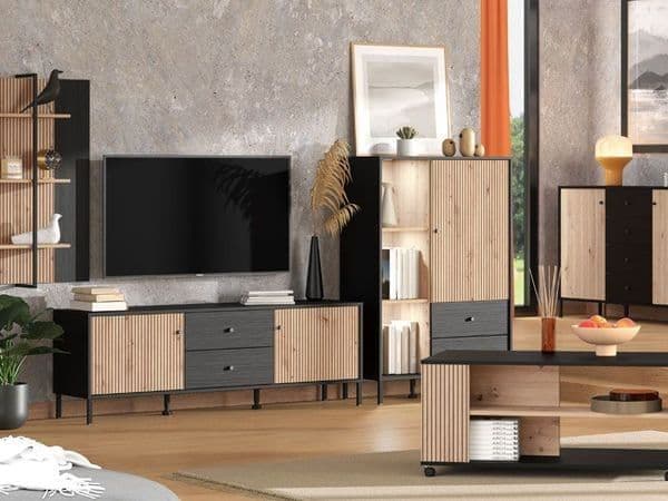 Riverton Slatted Artisan Oak Effect Black Low Display Bar Cabinets for Home