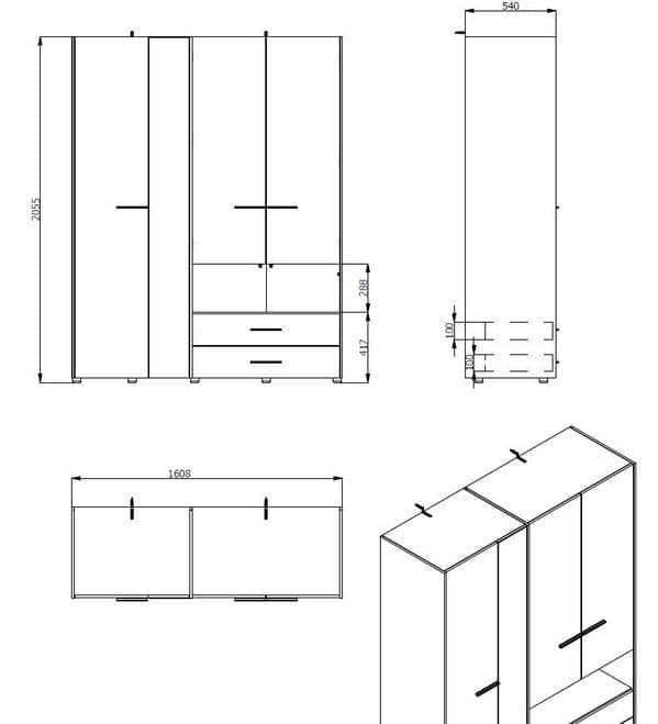 Nelson Grey Wardrobe Oak 4 Doors & 2 Drawers