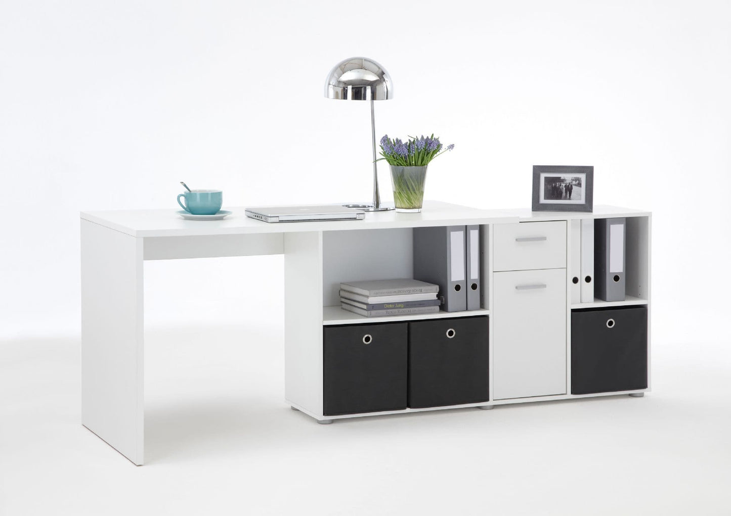 Luna White Flexi Desk Corner Oak