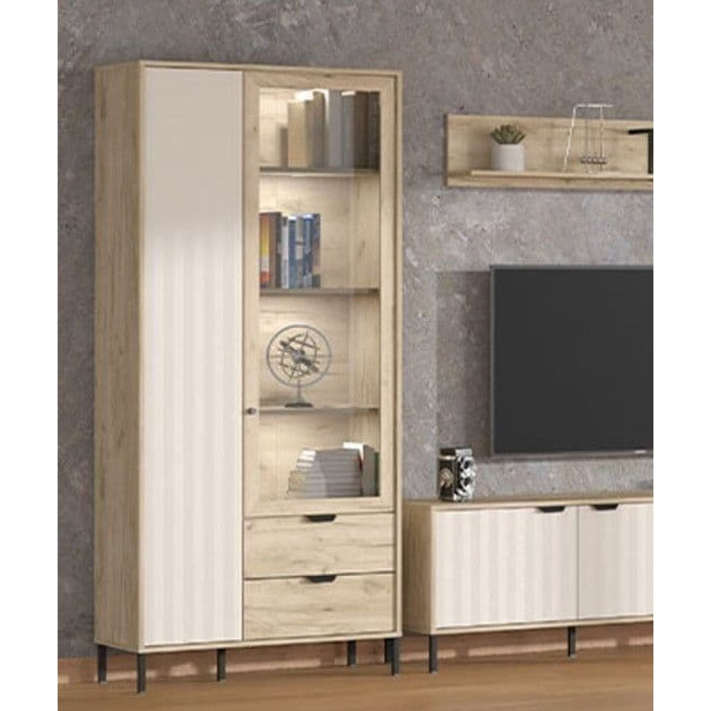 Lecure Grey Oak Effect And Cashmere Slatted 2 Door Display Cabinet