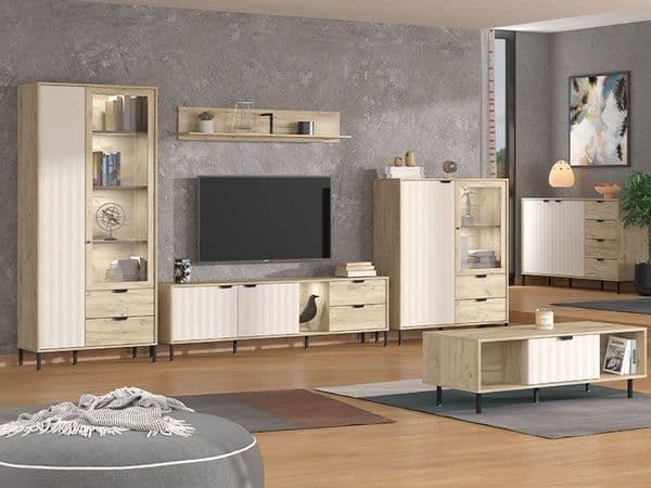 Lecure Grey Oak Effect And Cashmere Slatted 2 Door Display Cabinet