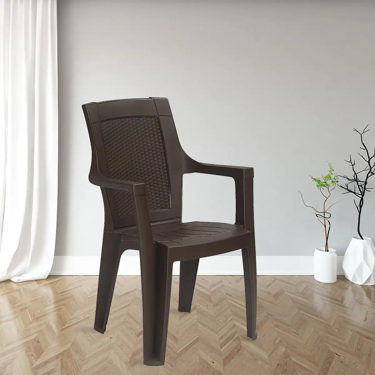 Brown plastic armchair with textured backrest on a light wood floor