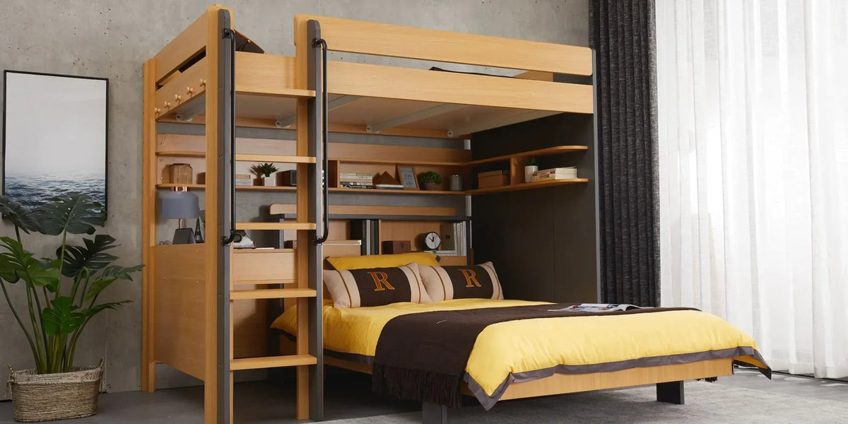 Modern wooden high sleeper bed for adults with integrated shelving and a lower double bed.