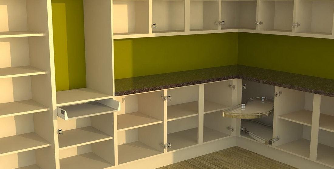 Cream kitchen cabinet carcasses with dark countertops and internal storage solutions