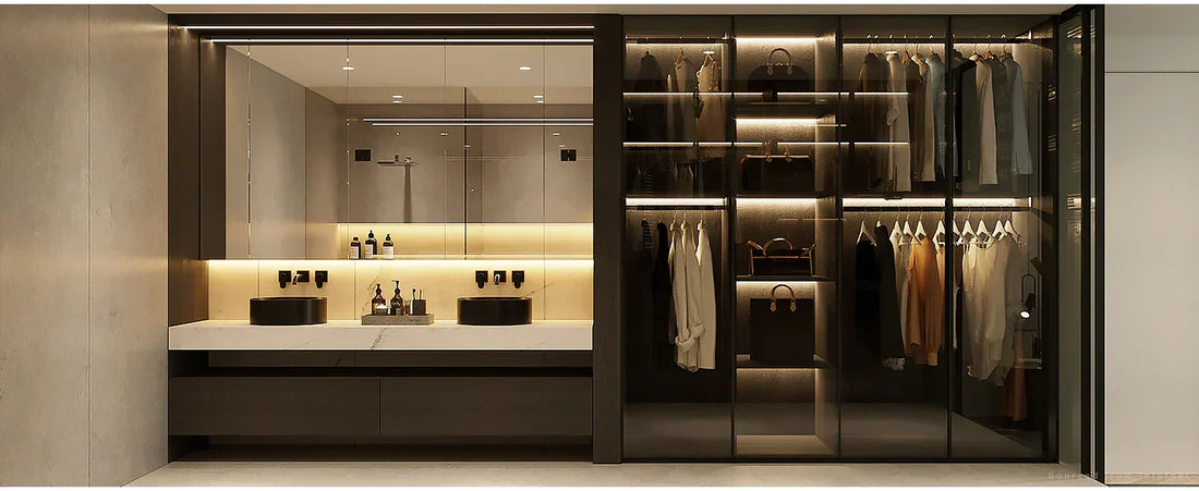 Modern walk-in wardrobe and vanity area featuring integrated LED strip lighting.