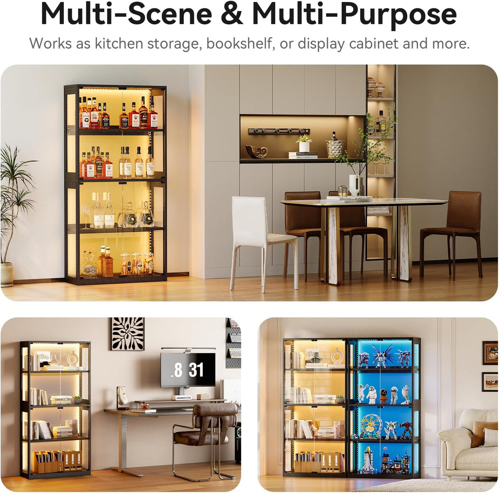 Glass Display Cabinet with RGB LED Light, 160X70X30Cm, Black | Display Cases with 3 Color Lights, Modern Storage Cabinet with Glass Door, Tall Bookcase for Home Office, Living Room