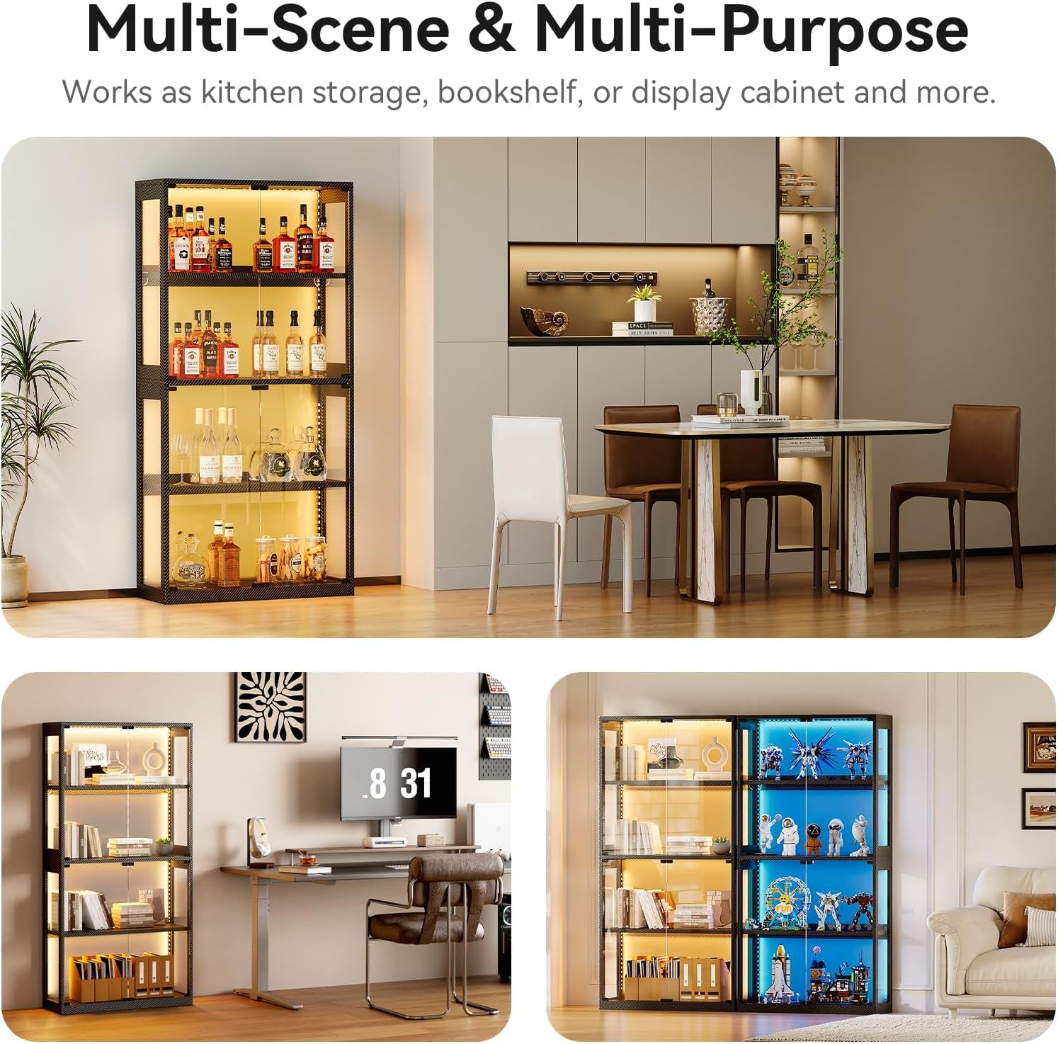 Glass Display Cabinet with RGB LED Light, 160X70X30Cm, Black | Display Cases with 3 Color Lights, Modern Storage Cabinet with Glass Door, Tall Bookcase for Home Office, Living Room