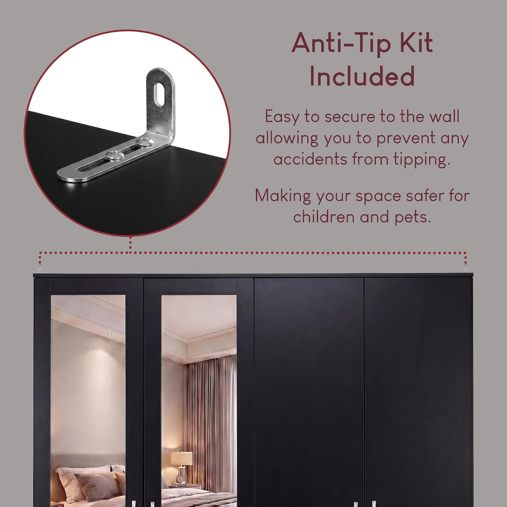 Riano 4 Door 3 Drawer Mirrored Wardrobe | Black | Modern Bedroom Furniture | 175H X 154W X 54D Cm | with Storage Shelf & Hanging Rail | Large Capacity Storage
