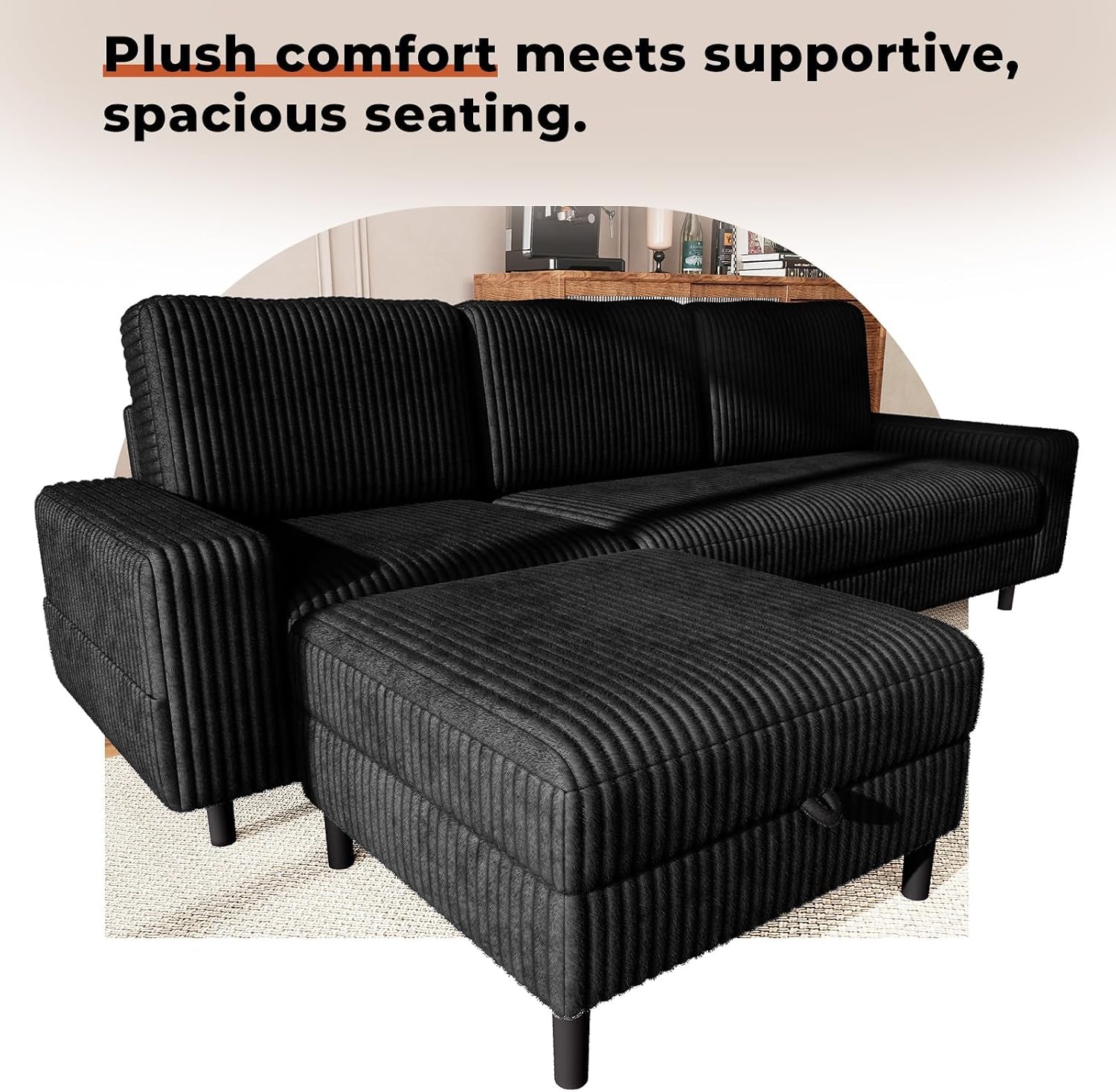 200Cm L Shaped Sofa with Movable Storage Ottoman, Black | 3-Seater Modular Sectional Sofa, Corduroy Couch, Wooden Frame, Deep Seat, Ideal for Living Room