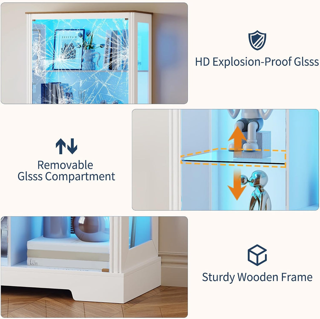 180Cm LED Display Cabinet with Glass Doors for Collectibles,White | Curio Cabinet with Glass Shelf,6-Tier Display Cases with 3 Color Lights and Human Body for Bedroom,Books,Toys