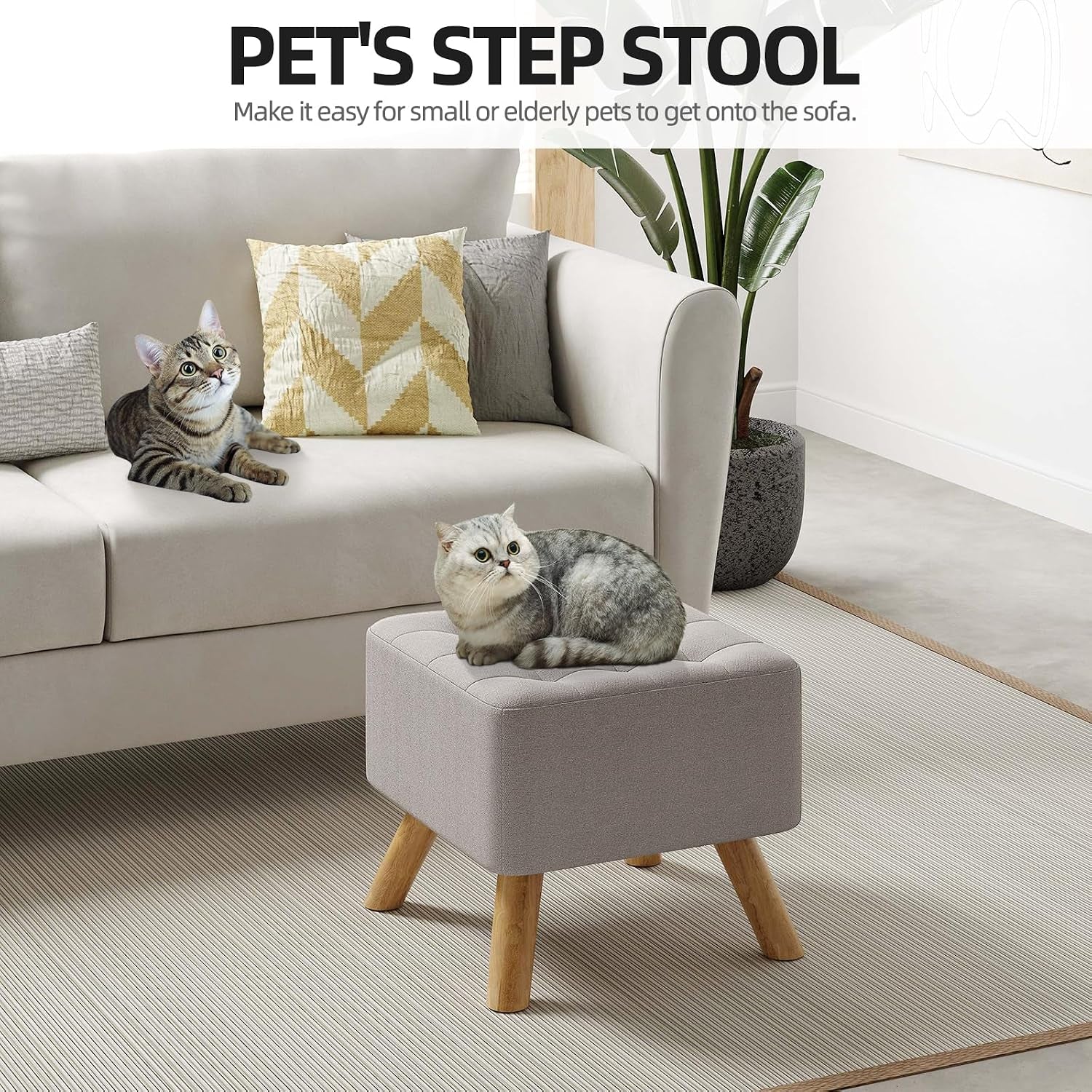 Linen Fabric Footstool Square Upholstered Stool Pouffe Stool Change Shoe Footrest Wooden Legs for Living Room Bedroom (Beige)