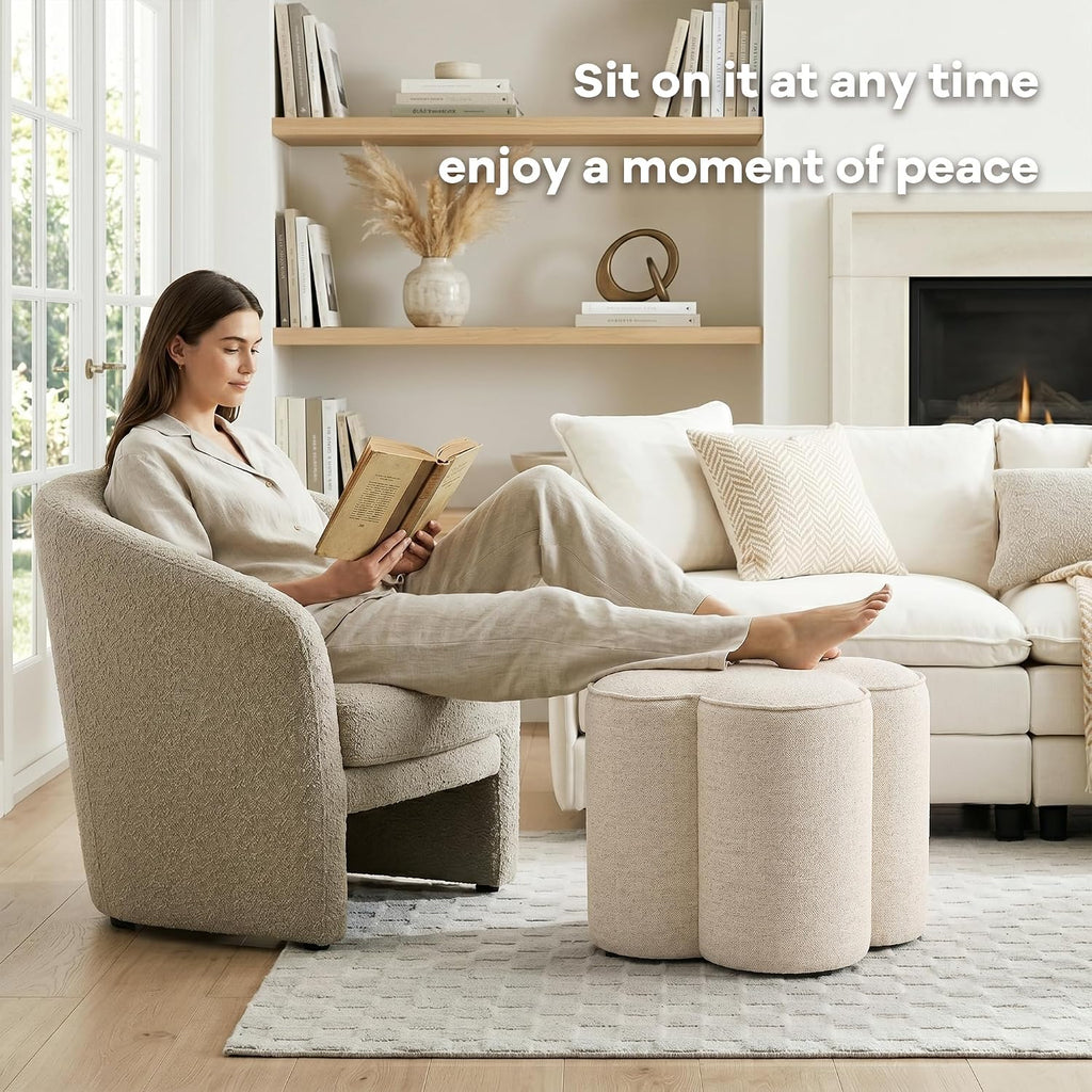 Petal Ottoman Foot Stool, Flower-Shaped Pouffe Footstool, Beige | Linen Upholstered Vanity Stool, Wood Frame, 125Kg Capacity, No Assembly, Foot Rest for Sofa Living Room Bedroom
