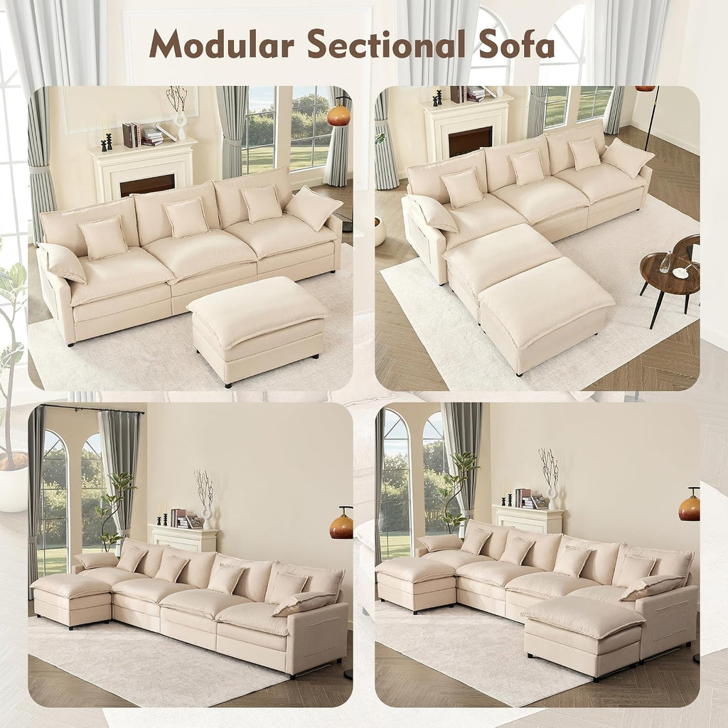 274 Cm U-Shaped Sofa, Linen Deep Seat Sofa Bed, Beige | Cloud Comfort, Deep Seat Design, Soft Chenille Upholstery, Machine-Washable Covers, Movable Ottoman