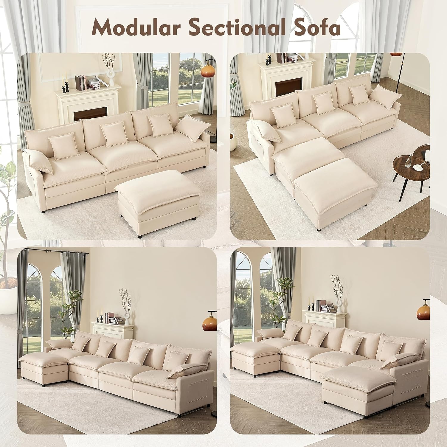 274 Cm U-Shaped Sofa, Linen Deep Seat Sofa Bed, Beige | Cloud Comfort, Deep Seat Design, Soft Chenille Upholstery, Machine-Washable Covers, Movable Ottoman