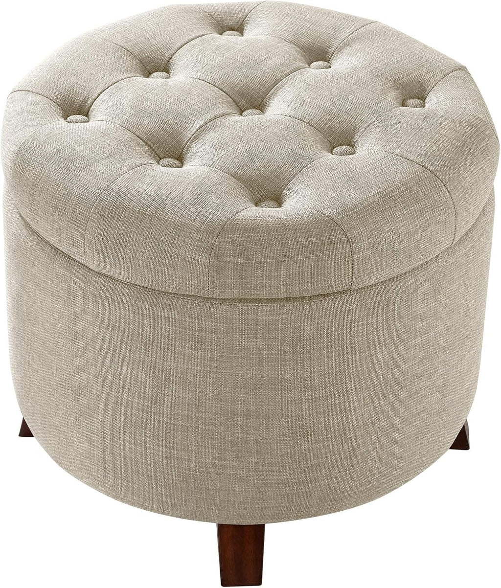 Upholstered Linen Tufted Storage round Ottoman Footstool, 50.8 X 43.2 X 50.8 Cm, Burlap Beige