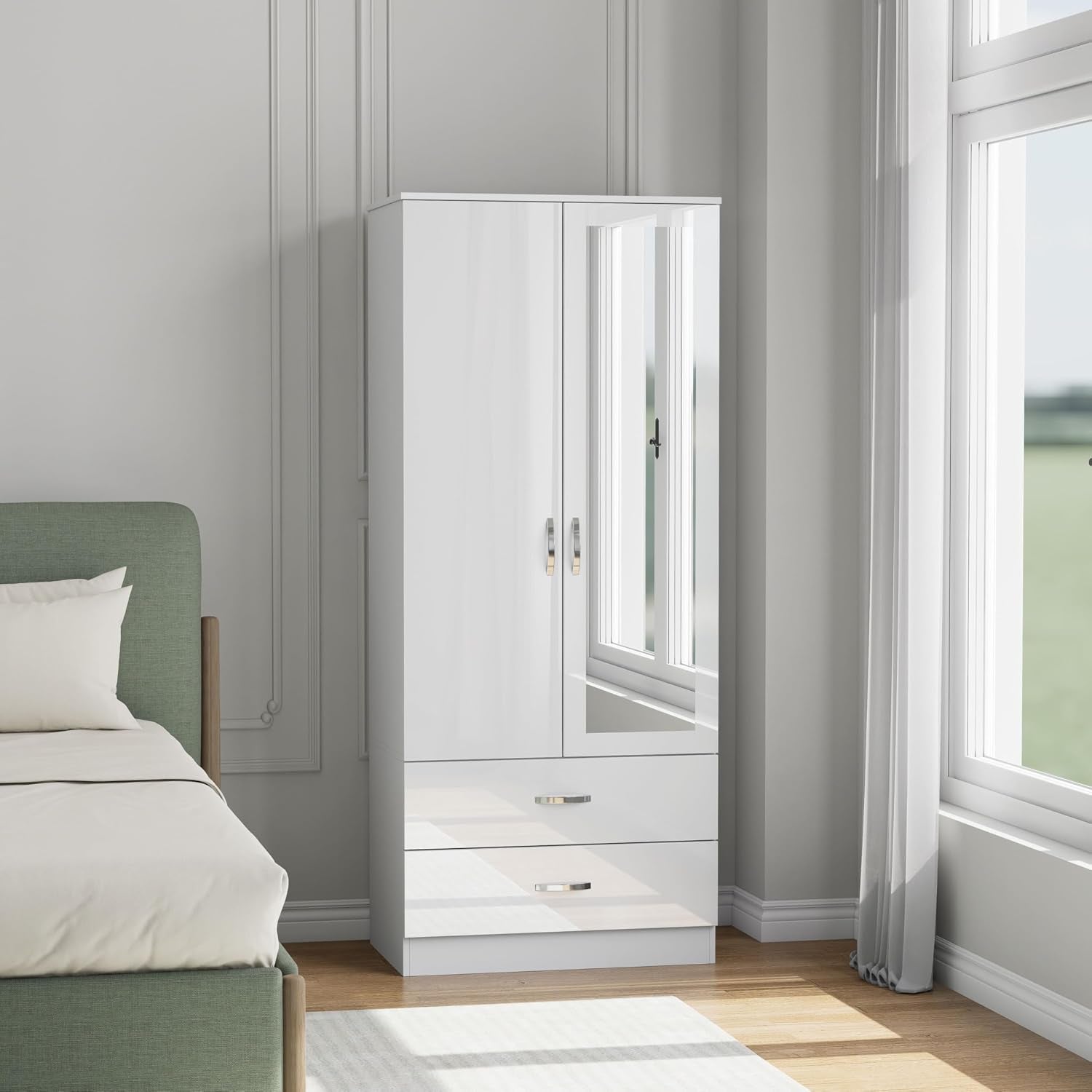 Gloss 2 Door Wardrobe with Mirror N Drawer 180Cm for Bedroom Storage, Gloss White(Matt White)