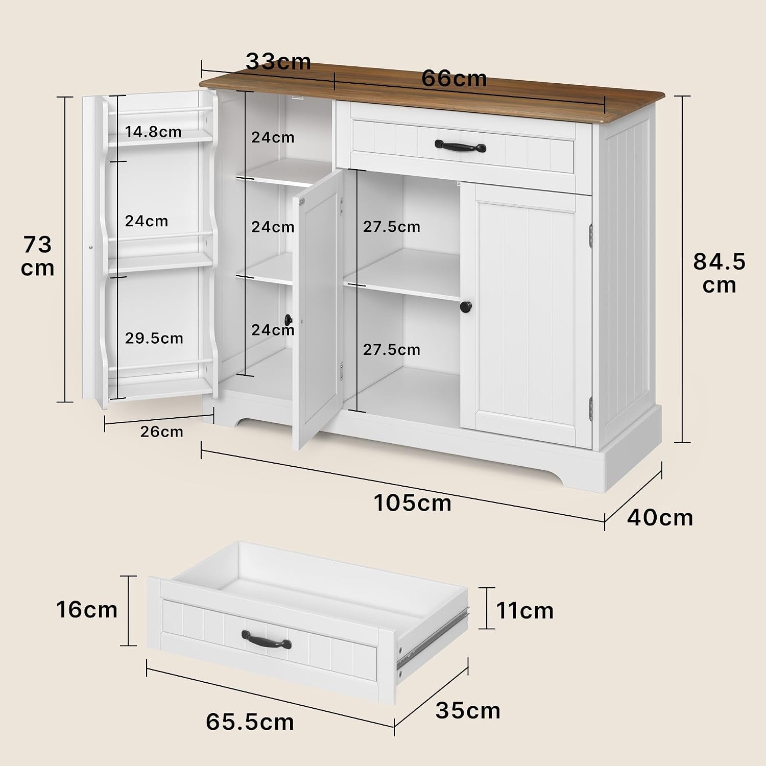 Sideboard Cabinet, Kitchen Storage Cupboard with Drawer | 3-Tier Door Storage and 2-Door Cabinet, Anti-Tip Design, 105 X 40 X 84.5