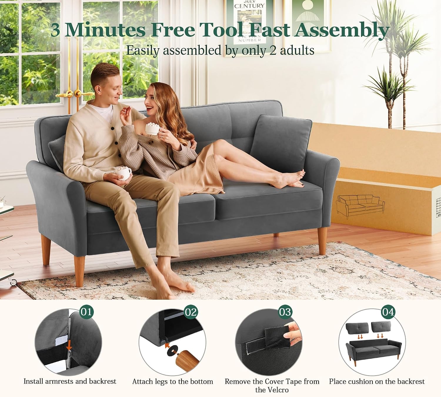3 Seater Sofas 175CM, Velvet Small Sofa with 53Cm Deep Seat, Modern Couch 318Kg Capacity, Comfy Love Seat Tool-Free Setup, Large 2 Seater Sofa in a Box, Loveseat Couch for Living Room