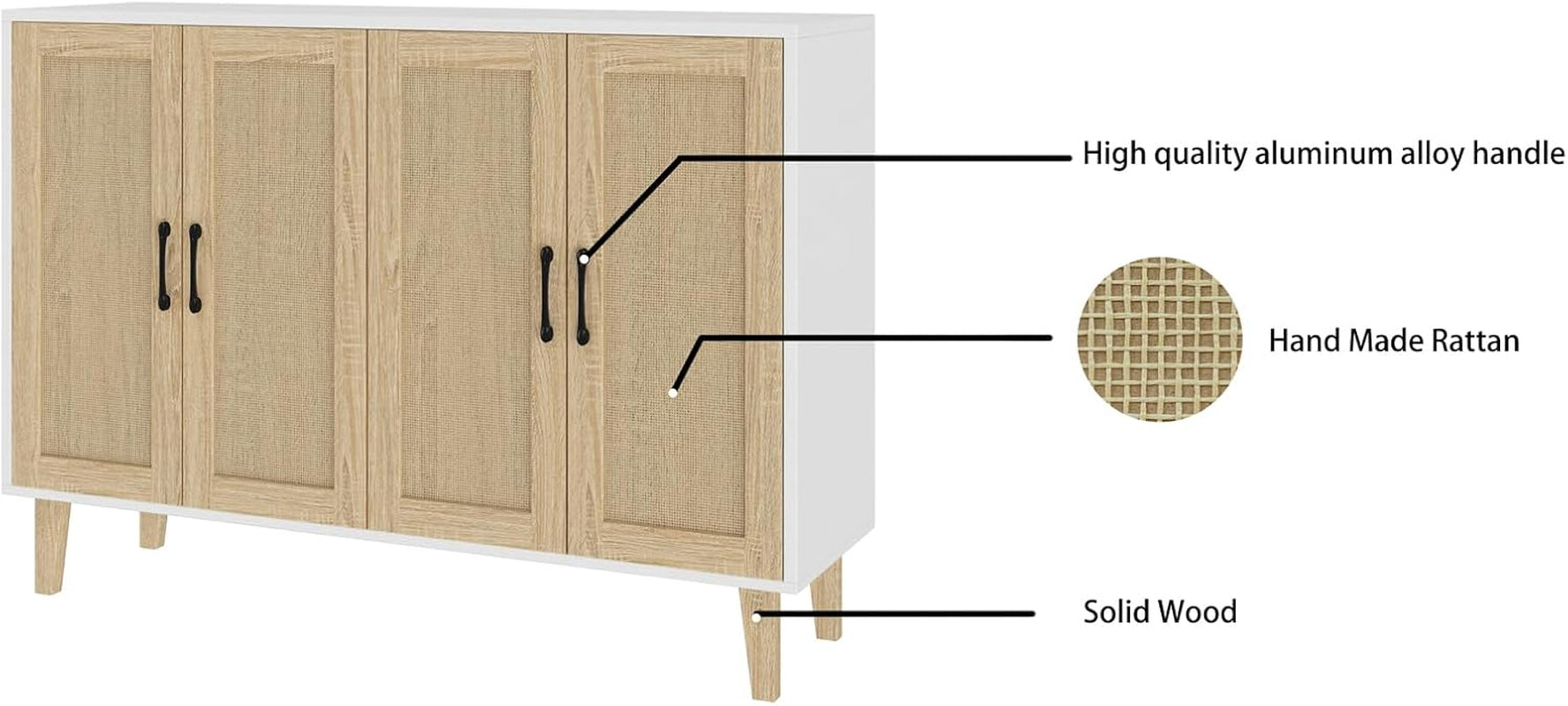 Buffet Storage Cabinet with Rattan Decorating Living Room Wood Kitchen Sideboard Accent Cabinet (White, 123(W) X 38(D) X 88(H))