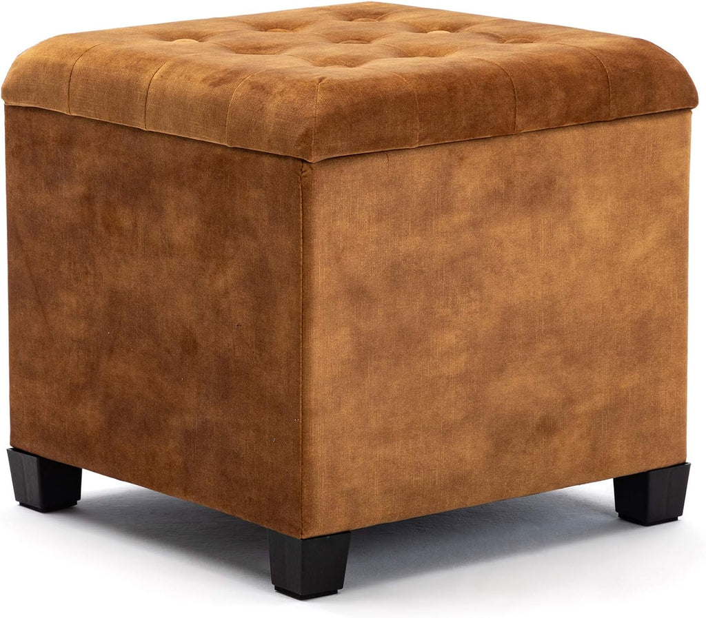 45Cm Velvet Storage Ottoman Footstool Pouffe with Lid (Mustard) | Cube Velvet Finish, Hidden Storage for Blankets and Toys, Padded Seat Comfort, Footstool and Extra Seating for Living Rooms