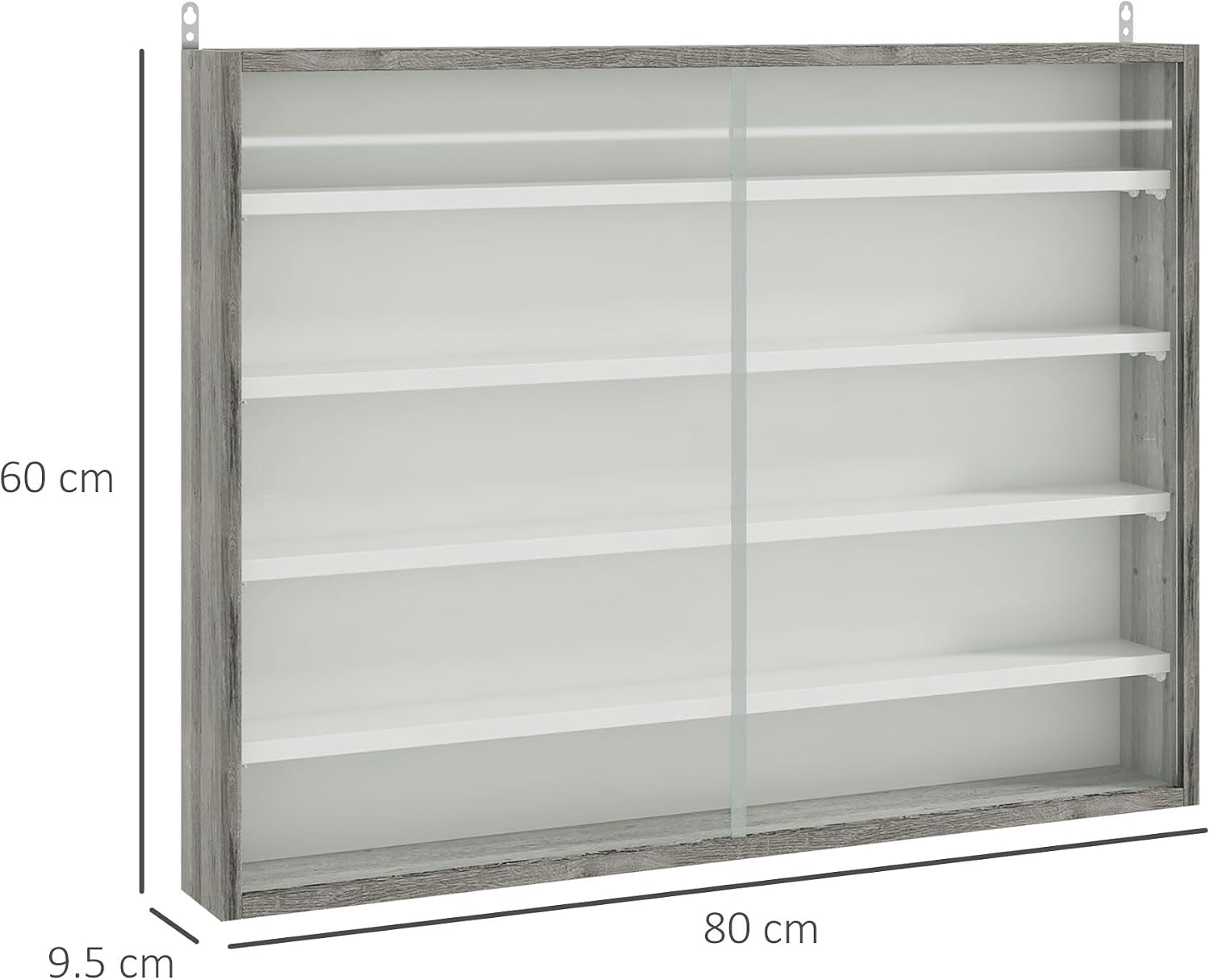 5-Tier Wall Mounted Display Cabinet Glass Doors 60X80Cm Grey Wood | Display Case, 4 Adjustable Shelves, for Home Office Ornaments