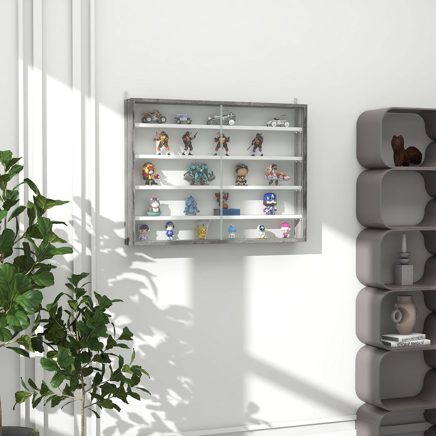 5-Tier Wall Mounted Display Cabinet Glass Doors 60X80Cm Grey Wood | Display Case, 4 Adjustable Shelves, for Home Office Ornaments