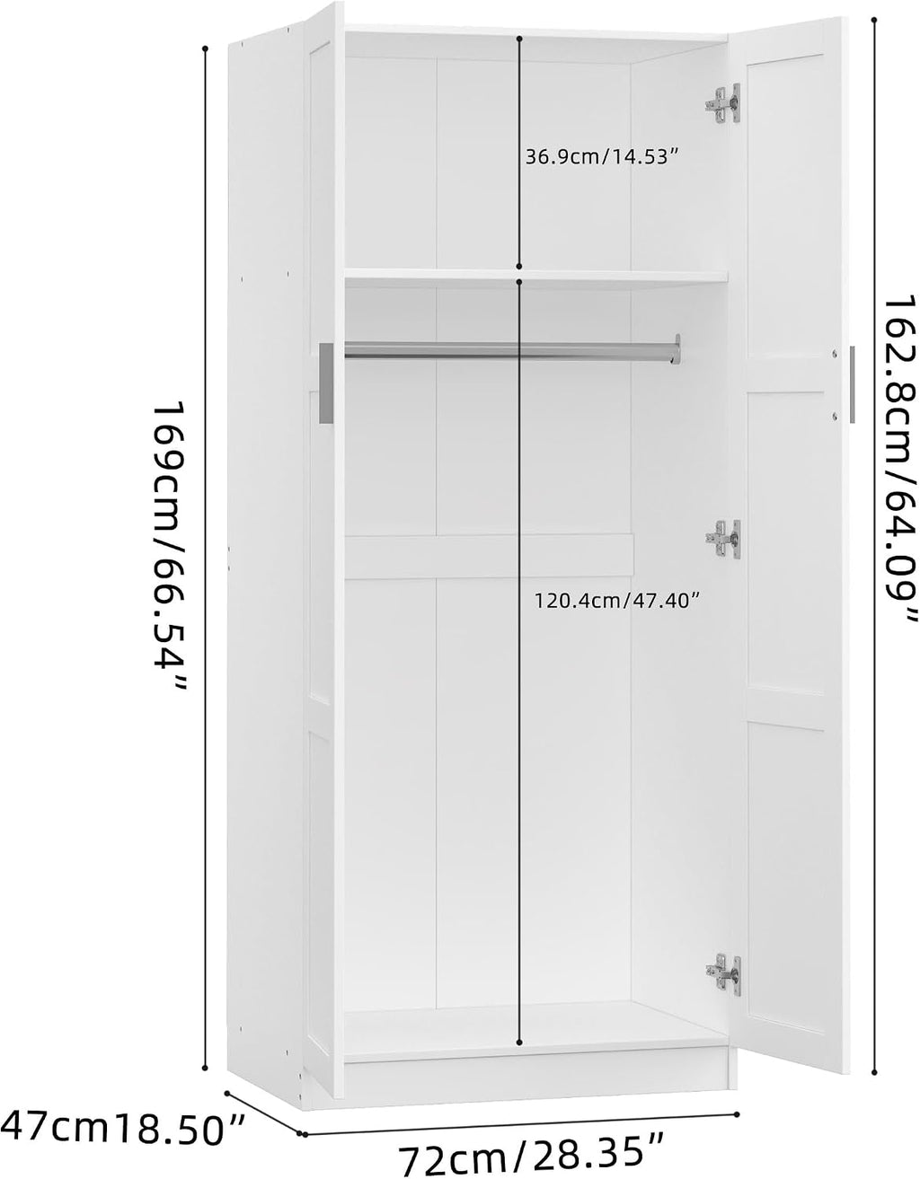 2 Door Wardrobe Double Wardrobe Closet with Storage Shelf & Hanging Rail Bedroom Furniture, 72 X 47 X 169Cm, White
