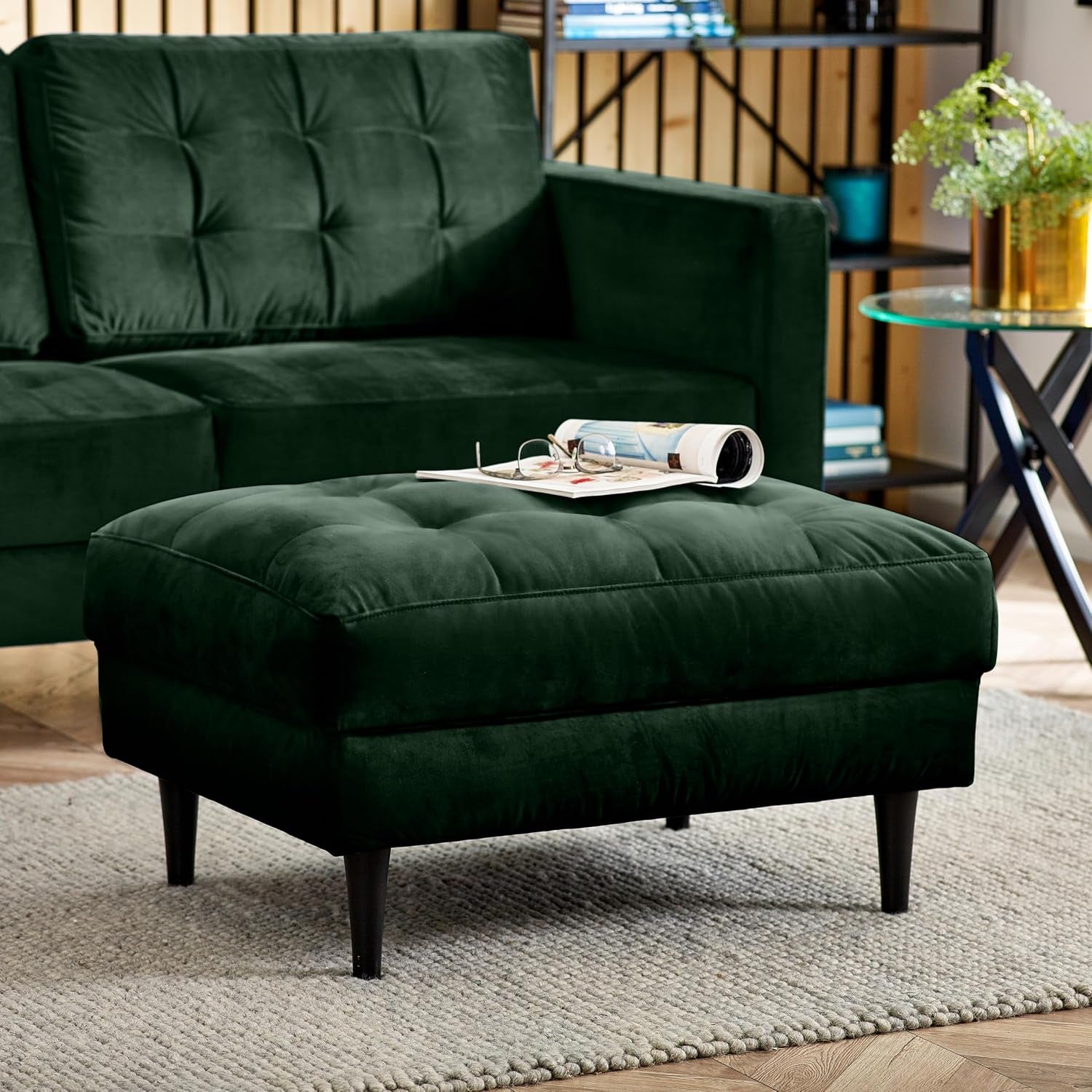 Joni Emerald Green Velvet Footstool - Upholstered Modern Green Fabric Foot Stool with Black Wooden Tapered Legs - Square Stitching - Stylish & Contemporary Living Room Furniture