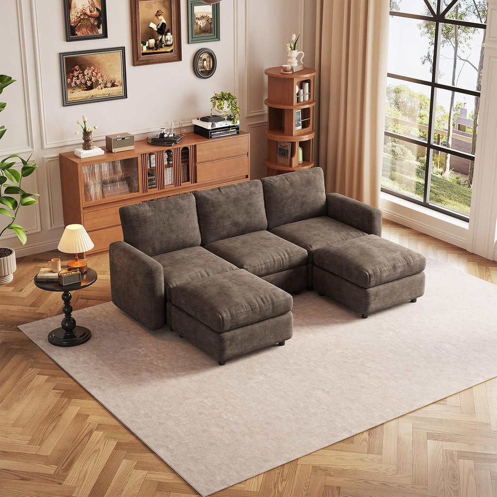 90.15" Large Modular Sectional Sofa, 5-Seater U-Shaped Couch with 2 Storage Ottoman, Deep Seat & Comfortable Upholstery, Wooden Frame for Apartment & Office, Brown