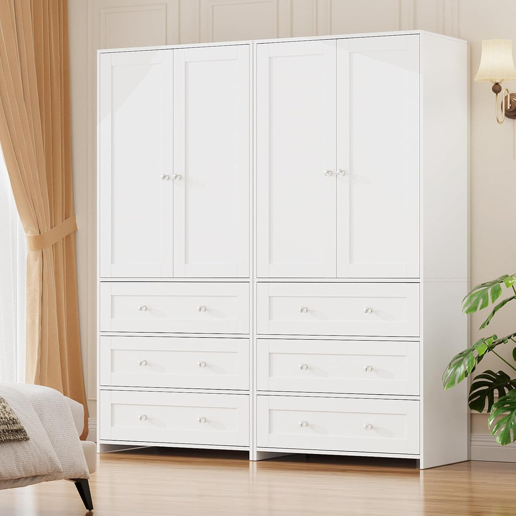 71" Tall Armoire Wardrobe Closet with Drawers and Mirror | Clothing Storage Cabinet with Hanging Rod, 2 Doors Wooden Wardrobe Cabinet for Bedroom, Large Capacity Storage (White)