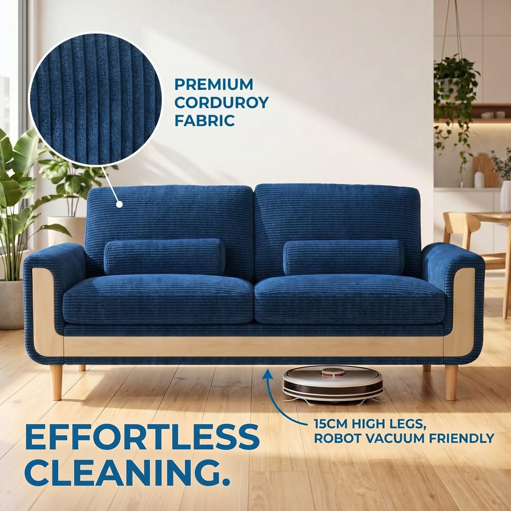 Large 2 Seater Sofa in Corduroy with Bolster Cushions, Blue | 175 Cm Wide, 146 Cm Seat, 51 Cm Seat Depth, 15 Cm High Legs, Solid Wood Frame, Corduroy Upholstery