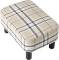 16.54" Small Footstool Linen Fabric Pouf Ottoman Footrest Modern Home Living Room Bedroom Rectangular Stool, with Padded Seat Pine Wood Legs, Stripe URF-BD215-C