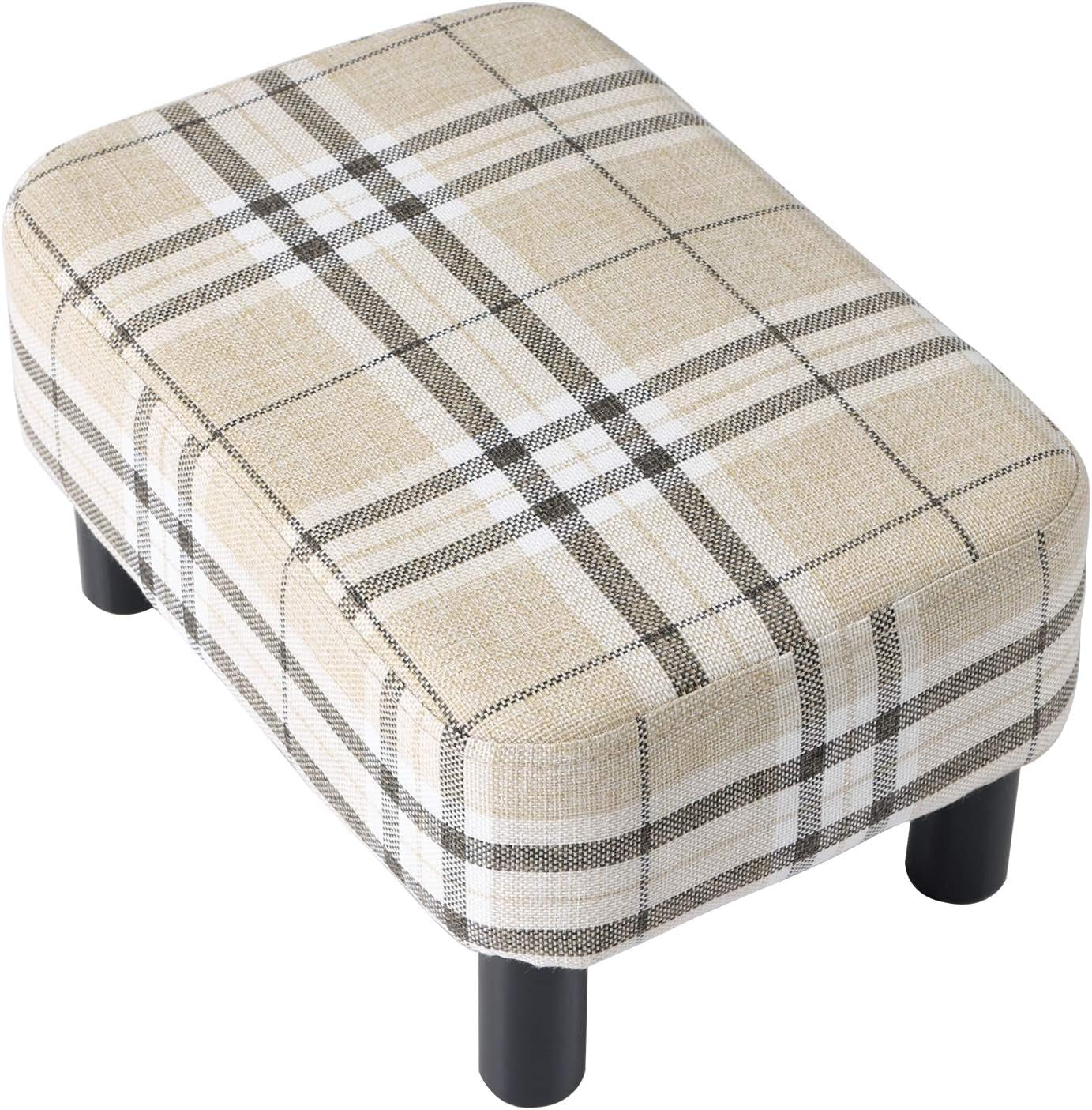 16.54" Small Footstool Linen Fabric Pouf Ottoman Footrest Modern Home Living Room Bedroom Rectangular Stool, with Padded Seat Pine Wood Legs, Stripe URF-BD215-C