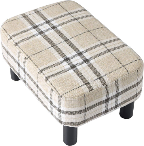 16.54" Small Footstool Linen Fabric Pouf Ottoman Footrest Modern Home Living Room Bedroom Rectangular Stool, with Padded Seat Pine Wood Legs, Stripe URF-BD215-C