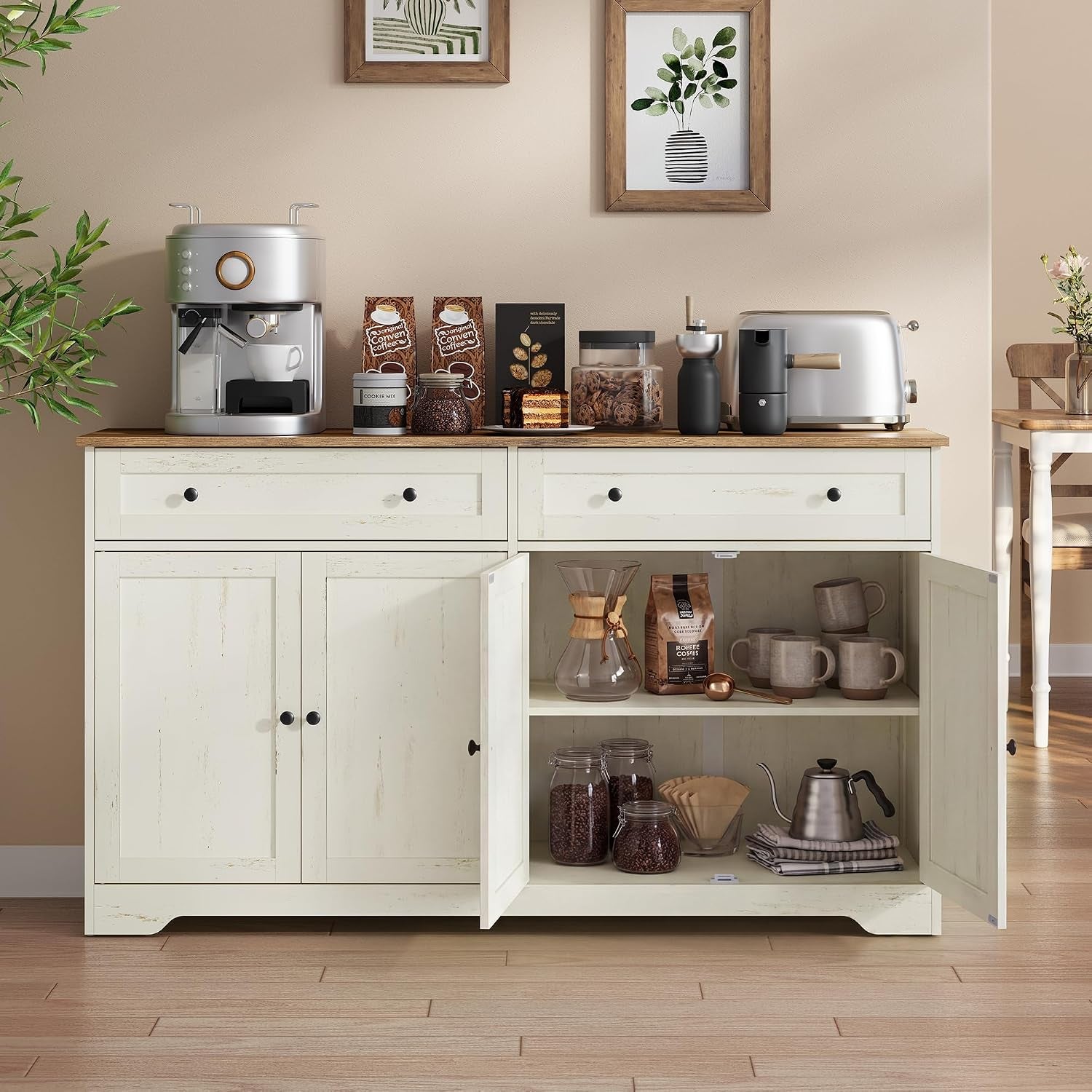 Collection - Storage Cabinet, Farmhouse Buffet Cabinet with 2 Drawers and Adjustable Shelves, 4 Doors, Sideboard, Coffee Bar, 40 X 140 X 80 Cm, Rustic White and Honey Brown SIREN LSC541WJ01