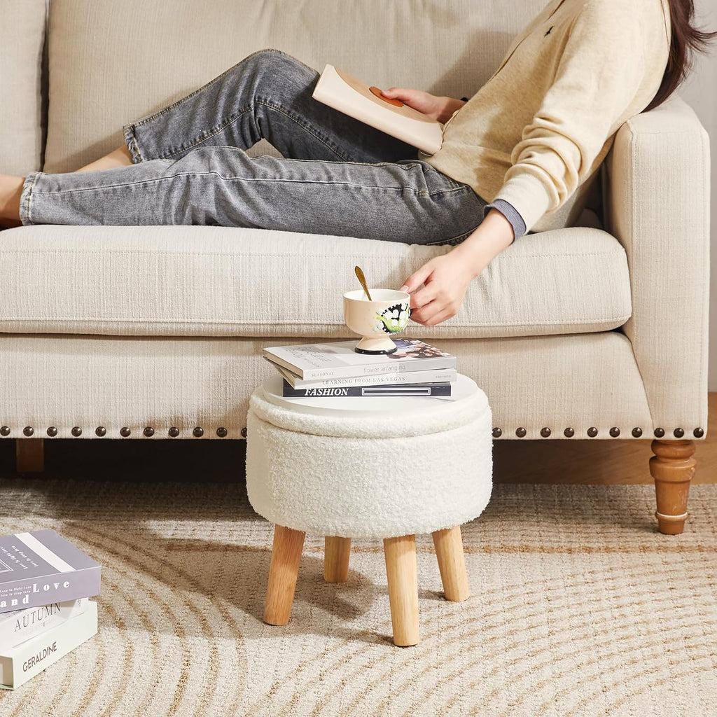13 Inch Small Footstool Ottoman with Storage, round Pouffe Foot Rest with Padded Seat and Wood Legs, Teddy Velvet Mini Footstool for Living Room Couch Bedroom Entryway, Cream WBD006W