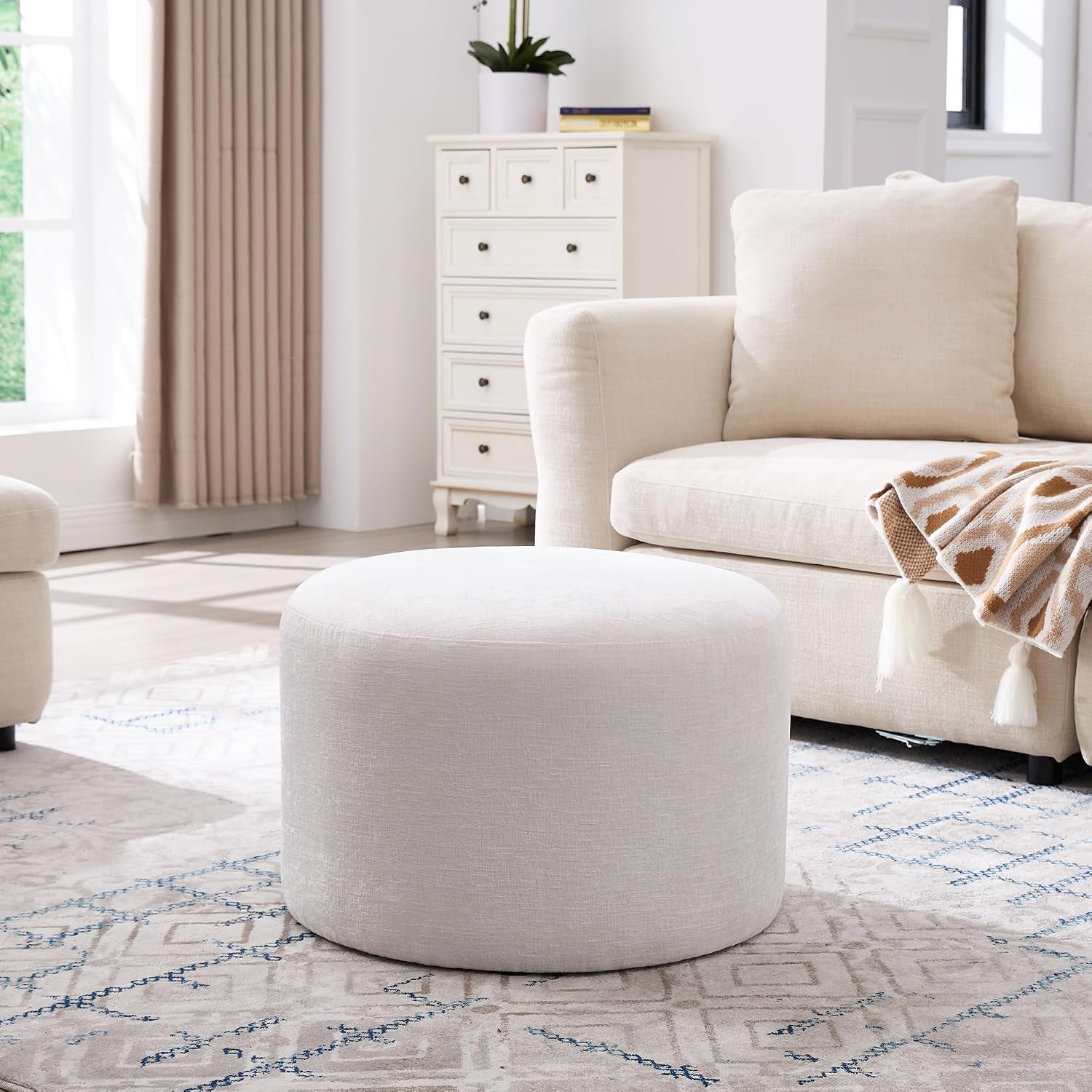round Ottoman Foot Stool, Large Pouffe Footstool, White | Chenille Upholstered Foot Rest, Wood Frame, 57.5Cm Width, 120Kg Capacity, No Assembly Stool for Living Room Bedroom Hallway