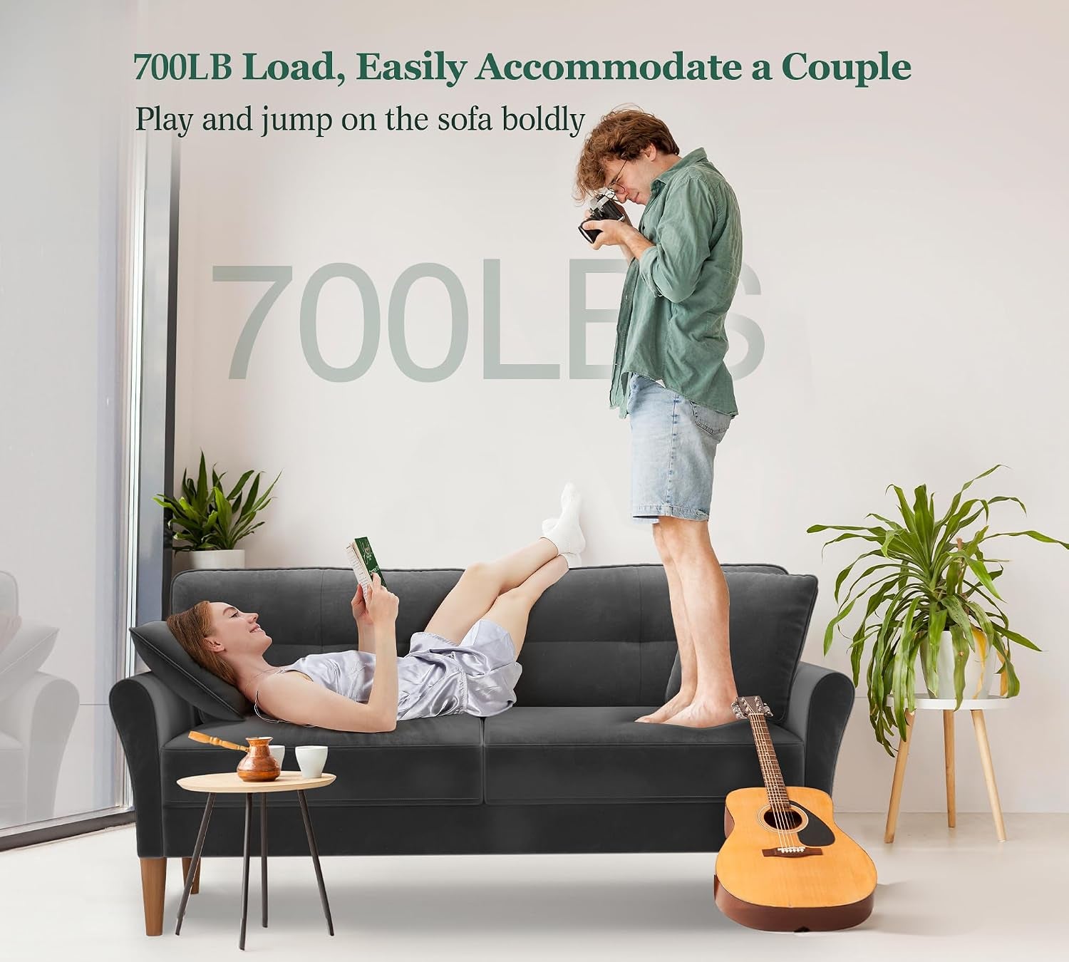 3 Seater Sofas 175CM, Velvet Small Sofa with 53Cm Deep Seat, Modern Couch 318Kg Capacity, Comfy Love Seat Tool-Free Setup, Large 2 Seater Sofa in a Box, Loveseat Couch for Living Room