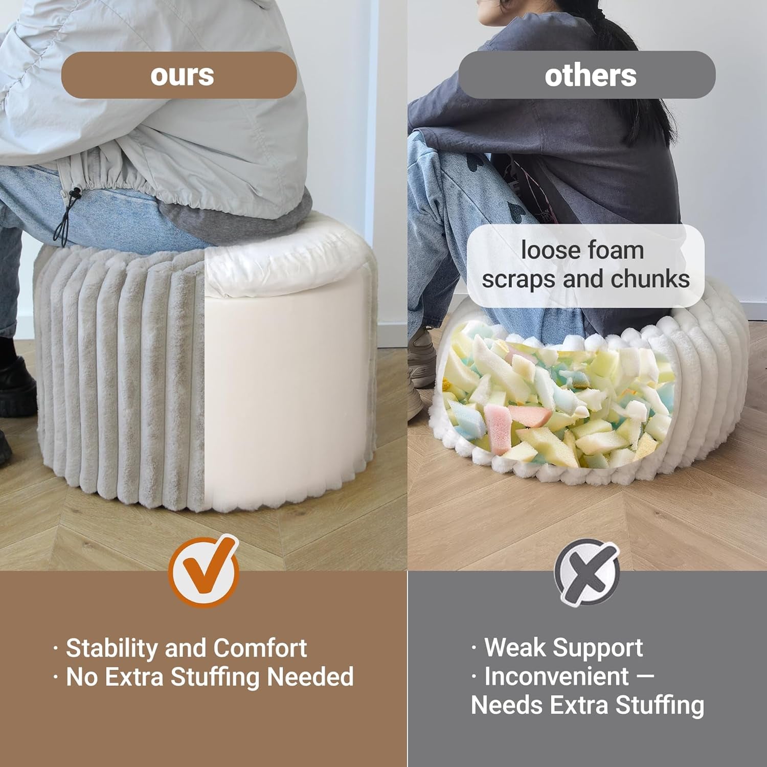 Round Footstool Bean Bag, Faux Fur Pouffe, Grey | Pouf with Foam Chunk Filling, Ottoman Stuffed round for Foot Rest, Dressing Table Stool, 38X50 Cm Footstool for Living Room