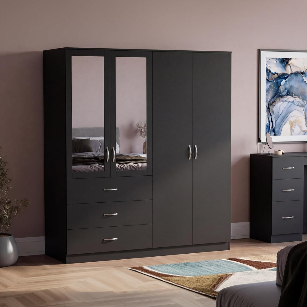Riano 4 Door 3 Drawer Mirrored Wardrobe | Black | Modern Bedroom Furniture | 175H X 154W X 54D Cm | with Storage Shelf & Hanging Rail | Large Capacity Storage