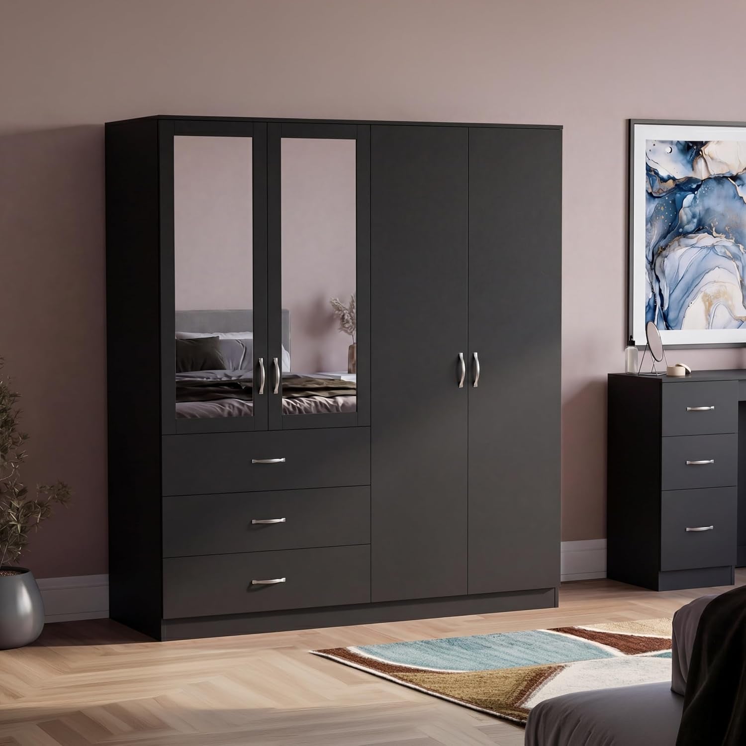 Riano 4 Door 3 Drawer Mirrored Wardrobe | Black | Modern Bedroom Furniture | 175H X 154W X 54D Cm | with Storage Shelf & Hanging Rail | Large Capacity Storage