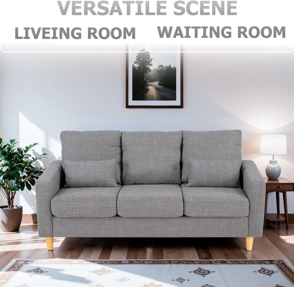 3 Seater Sofa with Square Arms, Light Grey Fabric | 184 Cm Wide; Fabric Upholstery; Square Arms; 2 Lumbar Cushions; 15 Cm Raised Legs; Self-Assembly