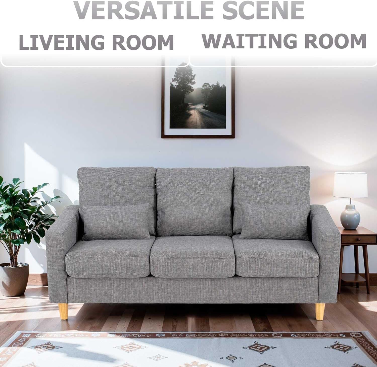 3 Seater Sofa with Square Arms, Light Grey Fabric | 184 Cm Wide; Fabric Upholstery; Square Arms; 2 Lumbar Cushions; 15 Cm Raised Legs; Self-Assembly
