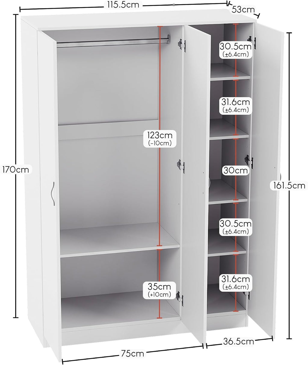Riano 3 Door Wardrobe | White | Bedroom Furniture | 170H X 115.4W X 53D Cm | with Shelf & Hanging Rail | Large Capacity Storage
