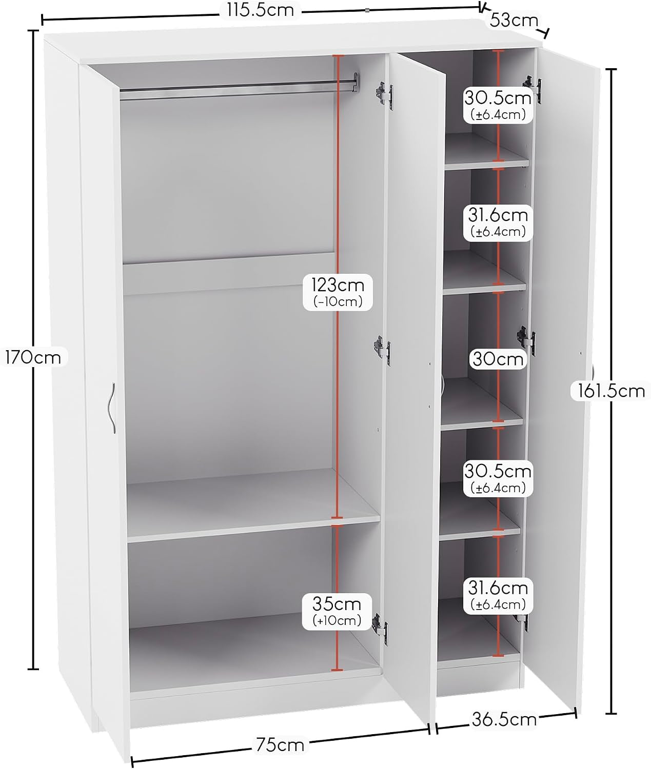 Riano 3 Door Wardrobe | White | Bedroom Furniture | 170H X 115.4W X 53D Cm | with Shelf & Hanging Rail | Large Capacity Storage