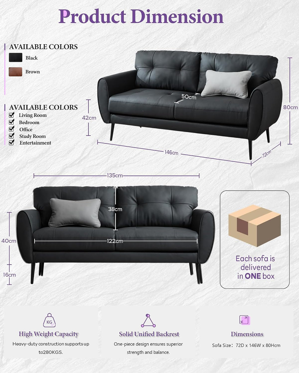2 Seater PU Leather Loveseat Sofa for Small Spaces Black | Compact Modern Design Sofa for Livingroom Bedroom Home Office Stylish PU Leather Two-Seater Sofa Couch with Sturdy Frame