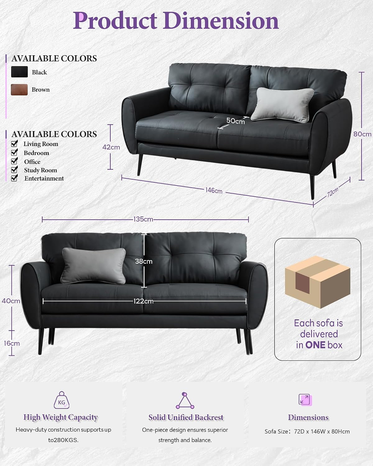 2 Seater PU Leather Loveseat Sofa for Small Spaces Black | Compact Modern Design Sofa for Livingroom Bedroom Home Office Stylish PU Leather Two-Seater Sofa Couch with Sturdy Frame