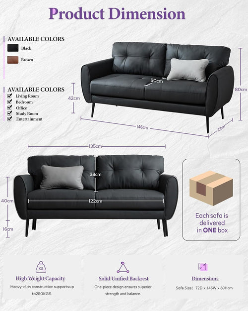 2 Seater PU Leather Loveseat Sofa for Small Spaces Black | Compact Modern Design Sofa for Livingroom Bedroom Home Office Stylish PU Leather Two-Seater Sofa Couch with Sturdy Frame